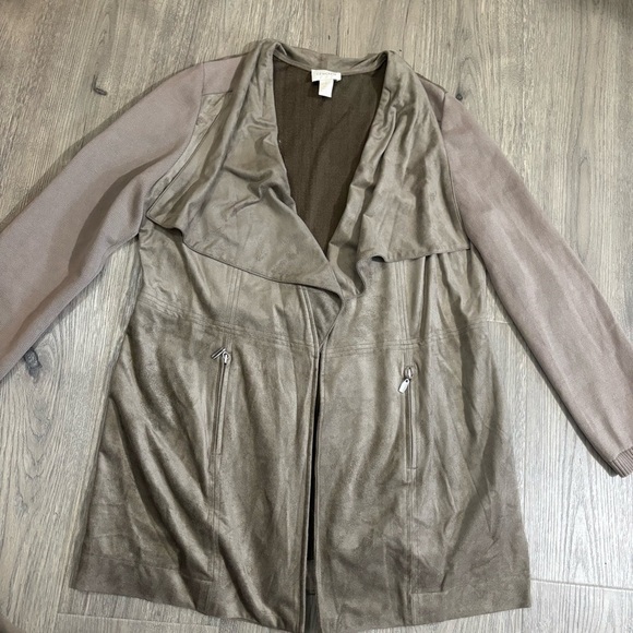 Chicos Faux Suede Open Front Waterfall Cardigan Jacket Women’s Sz 1 Brown Beige - Picture 10 of 12